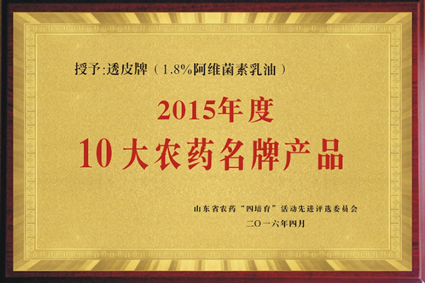 “透皮®阿维”获2015年10大农药名牌产品