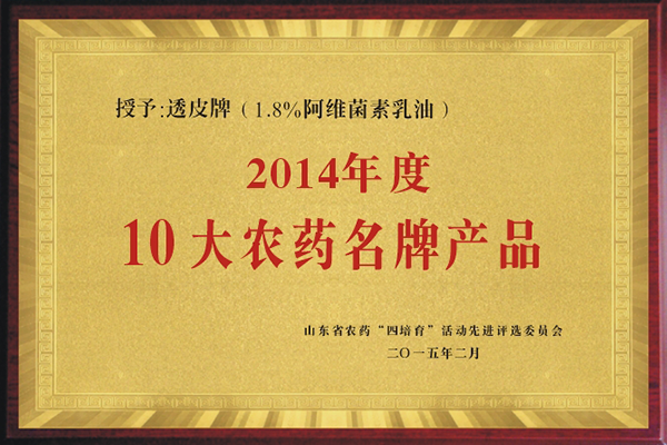 “透皮®阿维”获2014年10大农药名牌产品